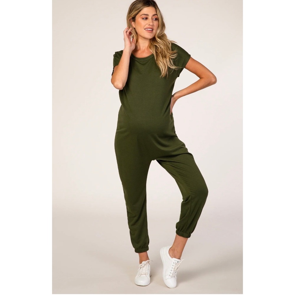PinkBlush Maternity Olive Green Short Sleeve Jogger Jumpsuit Scoop Neck M
